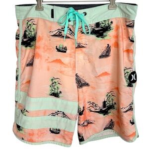 Hurley Men's Tropical Print Swim Shorts - Peach and Mint, Size 28